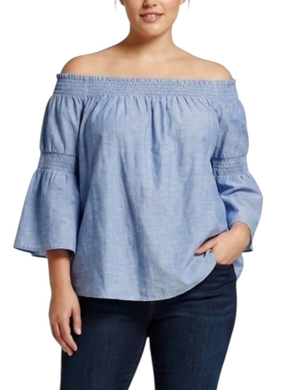 a.n.a Women’s Blue Chambray Denim Off Shoulder Blouse Top Size XL Boho Festival
